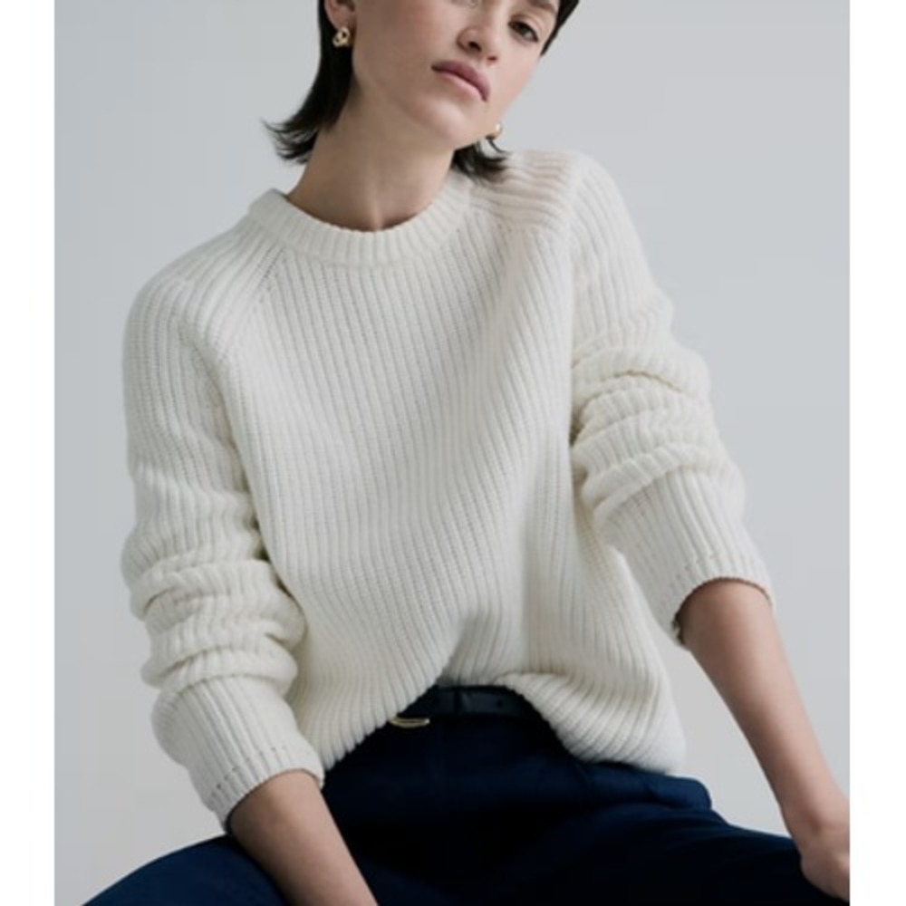Quince Organic Cotton Fisherman Sweater Womens Size L Ivory Chunky Knit Coastal